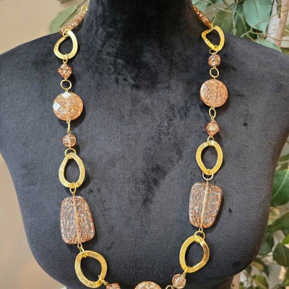 Womens Fashion Brown Crystal Gold Tone Disc Linked Chain Necklace Jewelry - Picture 2 of 6